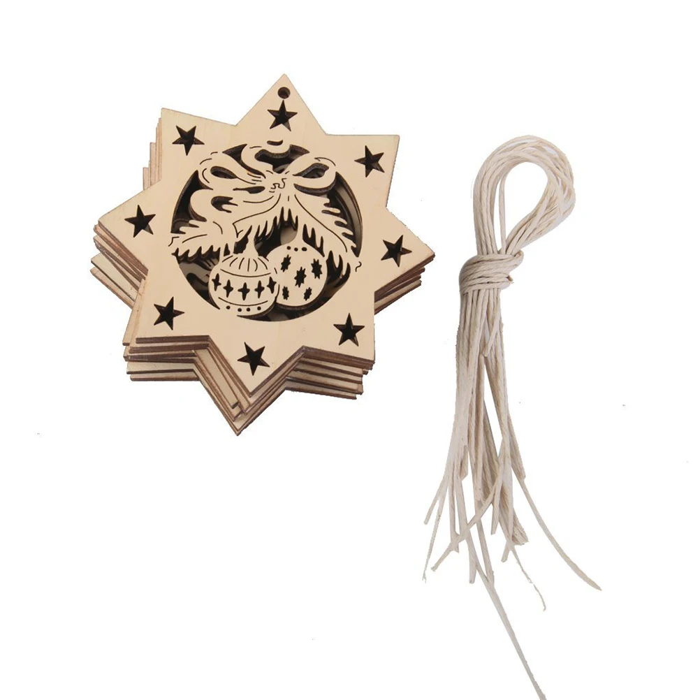 10pcs font b Wooden b font Embellishments with String Christmas Decoration Octagon Bells