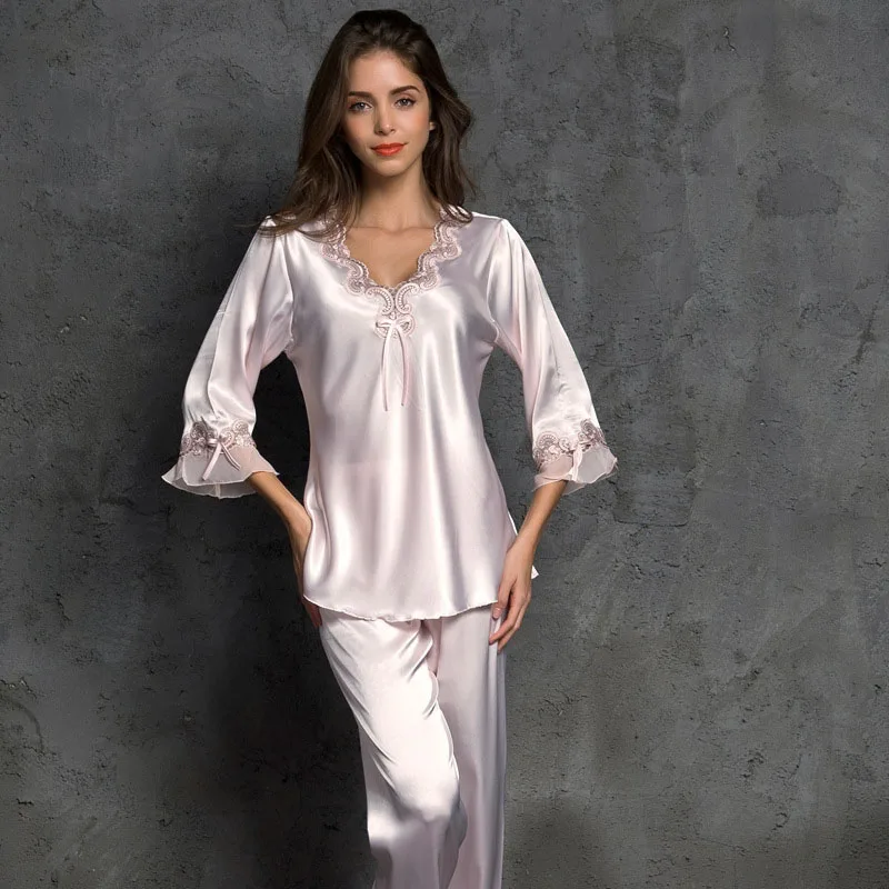 spring and autumn women's pajamas lace V-neck long sleeve clothes+ pants pajamas set satin silk sleepwear female home suit - Цвет: pink2