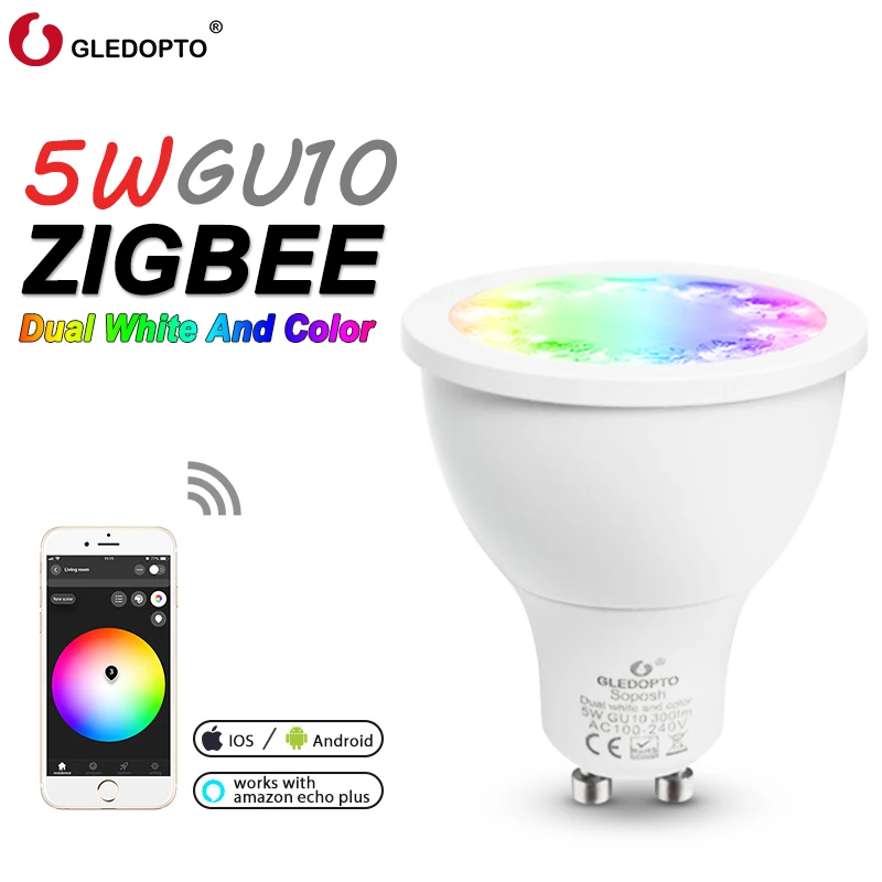 Soposh двойной белый и цветной Светодиодный прожектор GU10 RGBW/CW 5W ZGBEE ZLL AC100-240V работать с amazon echo plus светодиодный светильник cct gu10