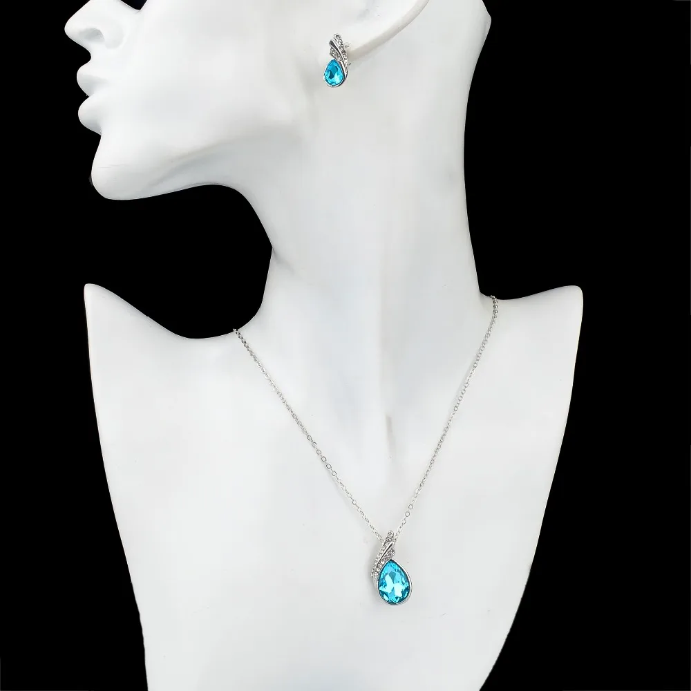 LongWay, Модные Ювелирные наборы, стразы серебряного цвета, ювелирные наборы, ожерелье с голубым кристаллом, Комплект сережек для женщин, набор 150037