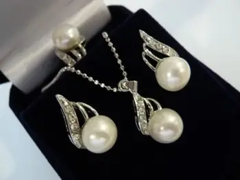

White Akoya Pearl Necklace+Ring+earrings Set AAA Grade ^^^@^Noble style Natural Fine jewe (B0322)