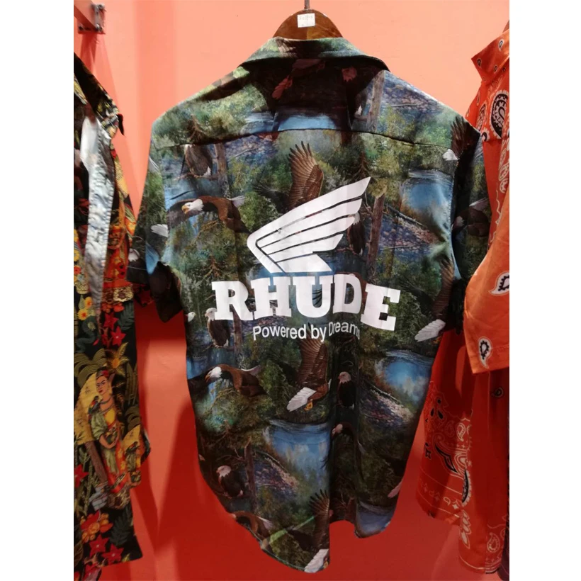 

RHUDE T-shirts 2019 Forest eagle Logo Print Rhude T-shirt Men 1:1 Unisex Loose RHUDE TopTee Button High Quality