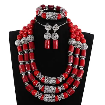 

Chunky Wine Red African Coral Beads Bridal Jewelry Set Silver Indian Wedding Jewelry Set for Women Costume Jewelry Gift CNR860