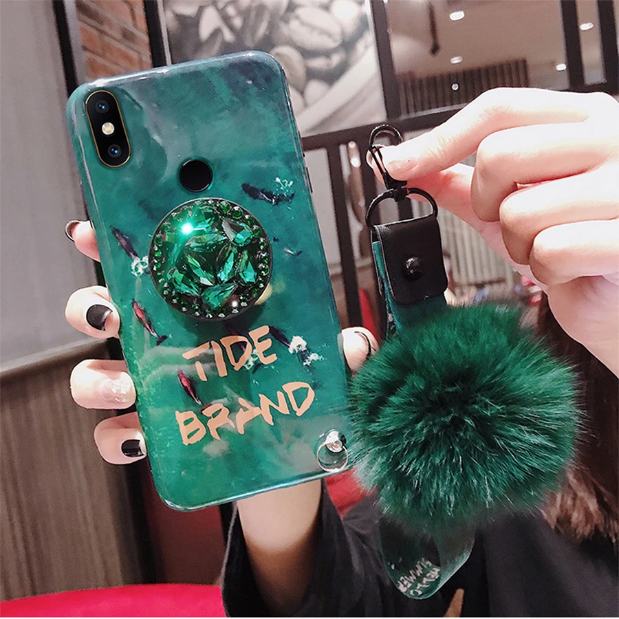 

case for xiaomi mi 8 SE A2 A1 redmi note 5 plus case cover luxury bling glitter diamong holder with fur strap soft silicon shell
