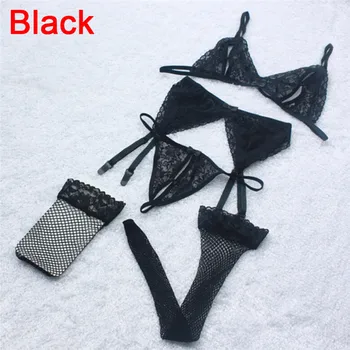 4pcs/Set Lace Floral Top Thigh High Stockings Sexy Hollow Bra+Floral Garter Belt Suspenders+Thong Underwear+Fishnet floral lace yoke pearl detail top
