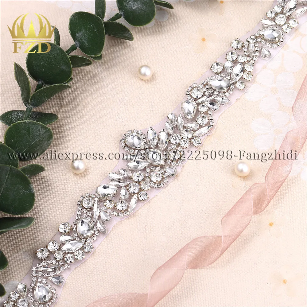 

FZD 1 PC Handmade DIY Iron On beaded applique Sash belt for Wedding Dress Crystal Rhinestones Sash Belts Bridal Trimming