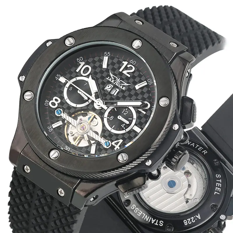 

Mechanical Watch Mens Silicone Strap Automatic Watches Black Dial Calendar Tourbillon Stainless Steel Clock Male zegarek