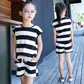 

Kids Clothes Sets Teenage Girls Summer Clothing Sets Striped Shirt +Pants Casual Children Sleeveless Suits 6 8 10 12 14 18 Year