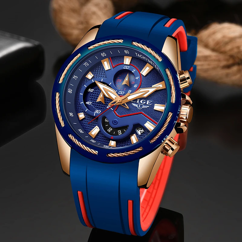 

2019 LIGE New Silicone Strap Mens Watches Top Brand Luxury Waterproof Sport Chronograph Gold Quartz Wristwatch Reloj Hombre+Box