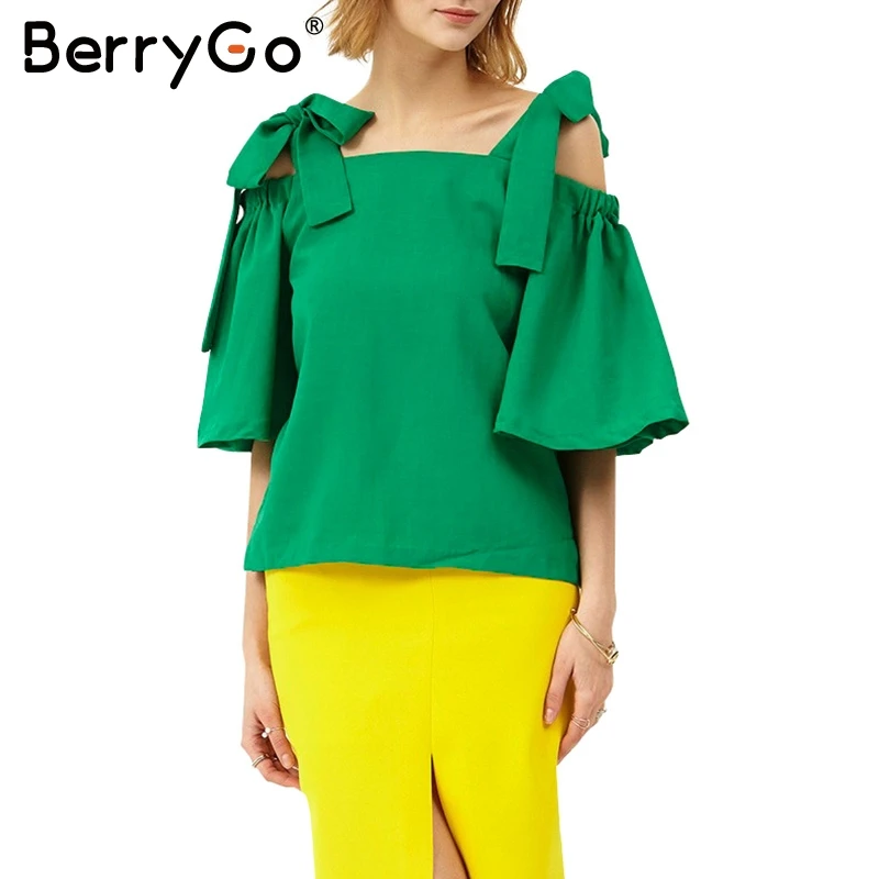 

BerryGo Flare sleeve strap blouse shirt Women top tees Causal tie up loose green blouse 2017 Summer streetwear party blusas