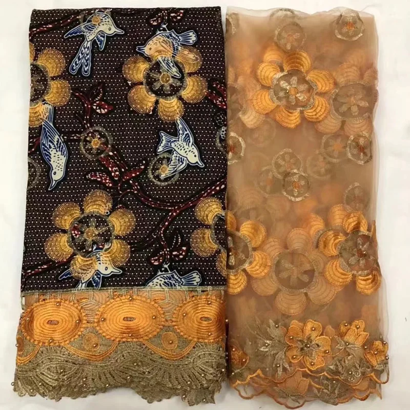 

(6+2yards/set ) beautiful guipure laced African wax lace fabric with embroidery plus blouse net lace set for party dress WXY06