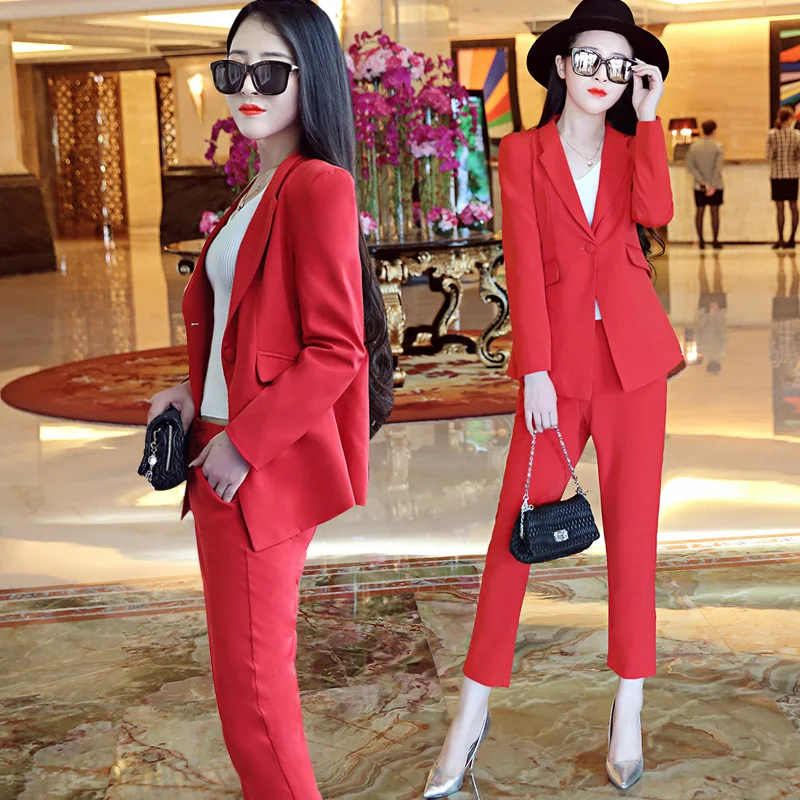Red Business Women Pencil Pant Suits 2 Piece/Sets Black Solid Blazer