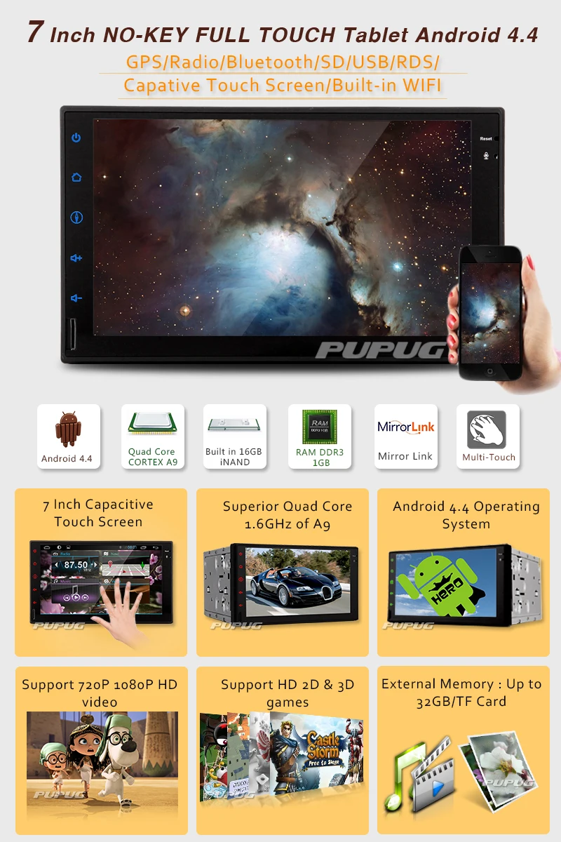 GPS Navigation Android 4.4 Car Video BT Audio Receiver PC Head Unit Double Din System Auto radio Audio NO-DVD Player Car Stereo In Dash 6.2Inch iPod Sub AMP WiFi Internet HD Camera