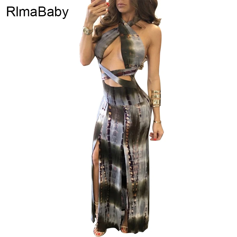 RlmaBaby Criss Cross Градиент Холтер Длинные Dress Sexy Рукавов Спинки Выдалбливают Сплит