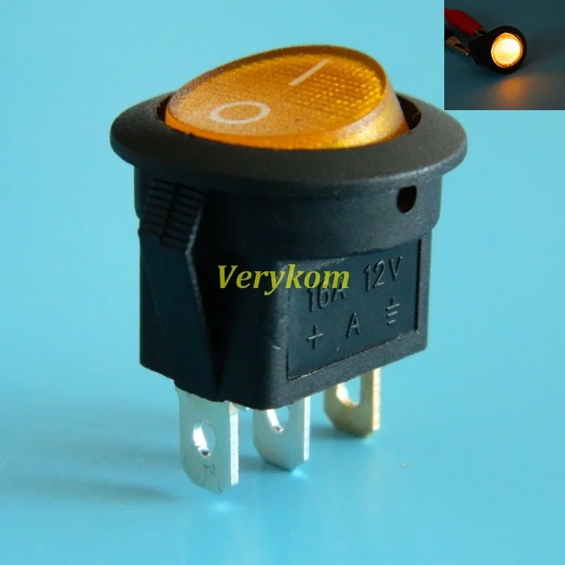 

100pcs a lot High Bright Yellow 12V 16A LED Light Car Boat Round Rocker ON/OFF SPST Switch 3 Pins With LED Toggle Switch