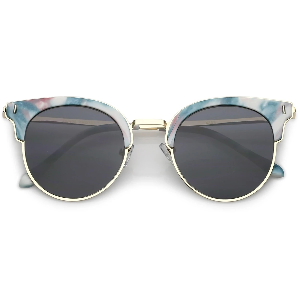 Semi Rimless Marble Print Round Cat Eye Sunglasses With Flat Lens 48mm