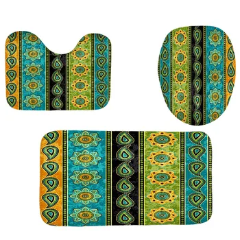 

4Pcs Home Bathroom Decor Set Green Flowers Pattern Toilet Seat Cover Bath Mat Set+Waterproof Shower Curtain