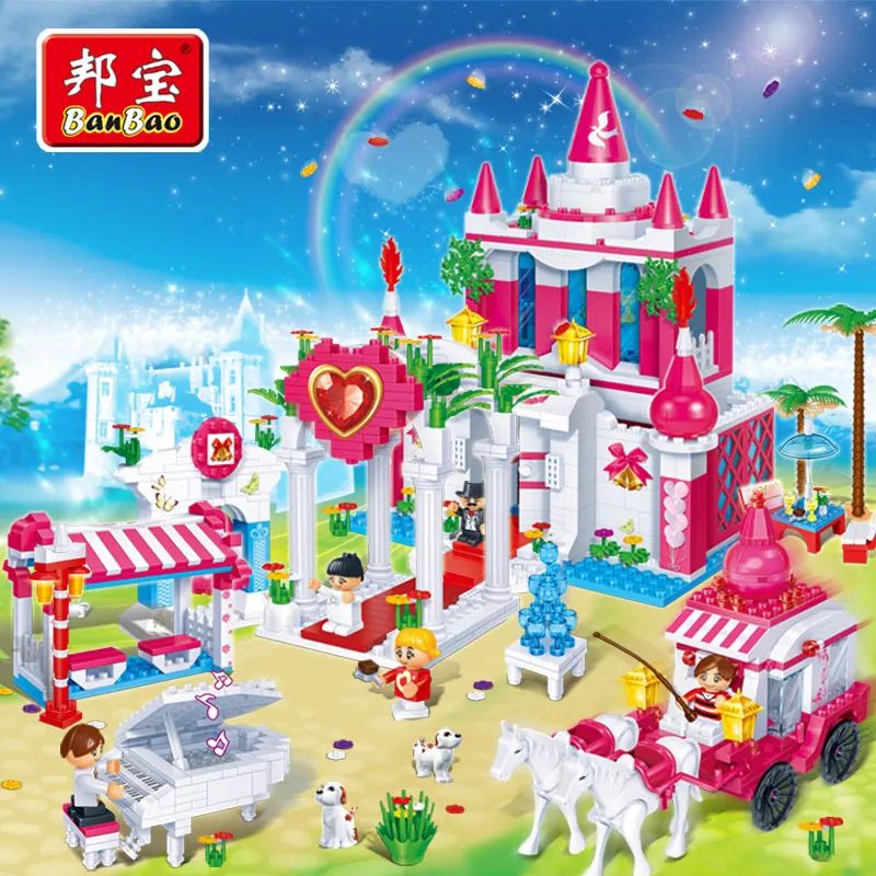 

BanBao Girls Educational Building Blocks Toys For Children Kids Gifts Romantic Wedding Friends carriage Piano church City