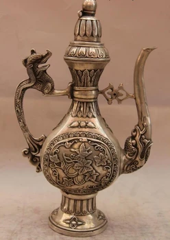 

China White Copper Silver Dragon Flower Teapot Flagon Wine pot