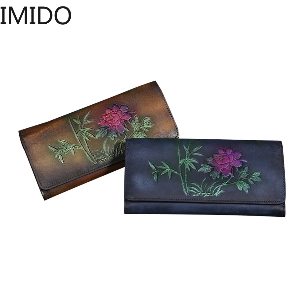 

IMIDO 2019 National Style Leather Bag Hand-painted Embossed Personality Long Ladies Leather Wallet Designer Luxury Famous Brand