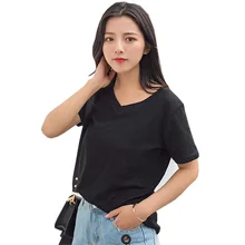 Летние повседневные женские футболки с коротким рукавом, лаконичные свободные хлопковые рубашки с v-образным вырезом, женские черно-белые футболки RE0439