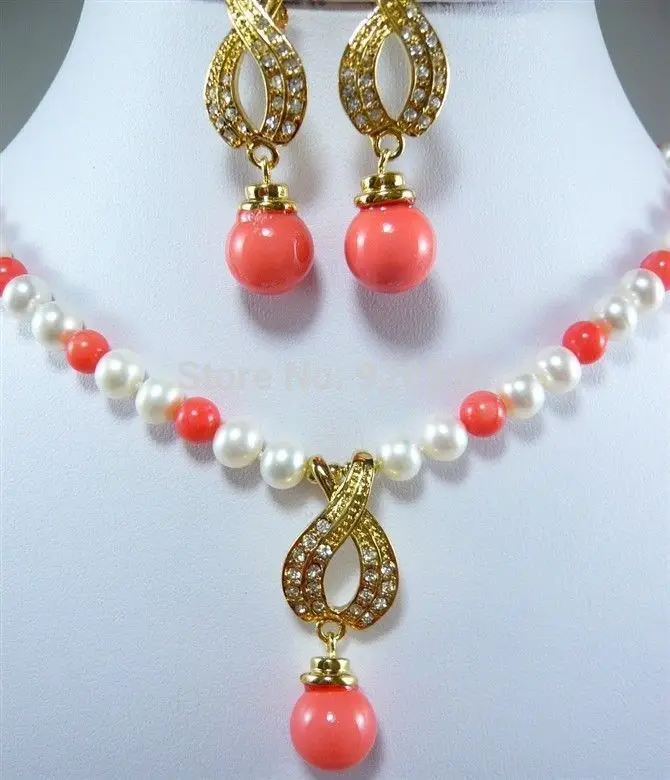 

Wholesale****Beautiful natural white pearl pink coral necklace + earrings