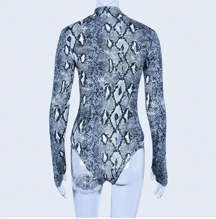 Snake Print Long Sleeve Sexy Women Bodysuit Autumn Winter Colthes Mock Turtleneck Thumbholes Snakeskin Body Suit