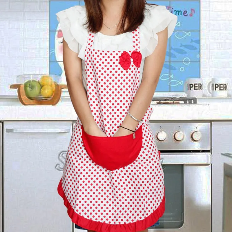 Faroot Cute Aprons Women Bowknot Dot Aprons Kitchen Bib Restaurant Cooking Bib Apron Dress with Pocket Aprons