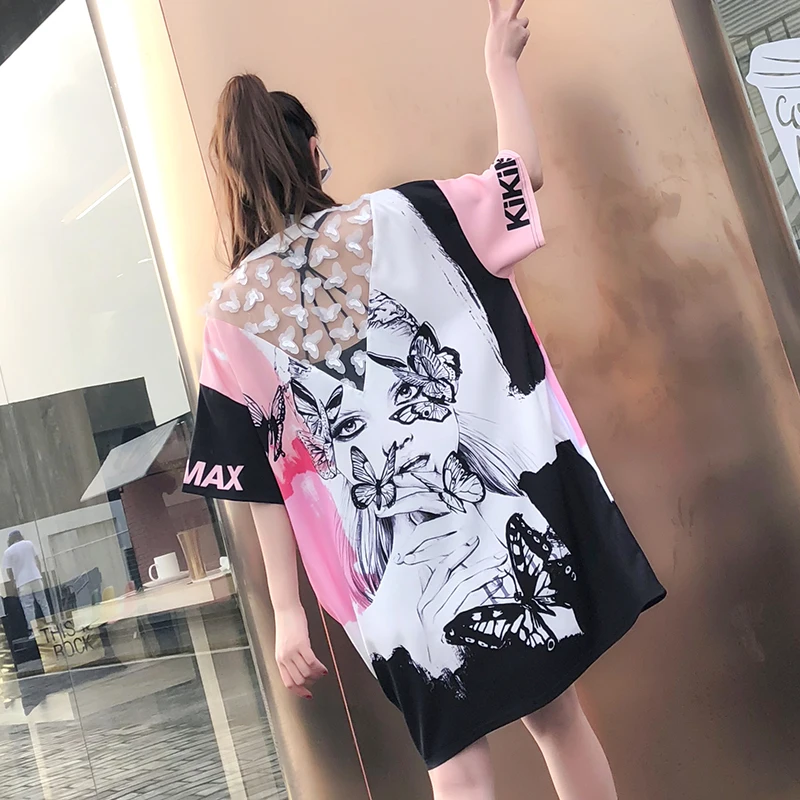 

7Mang 2019 Summer Street Women Butterfly Sequins T Shirt Backless Girl Print Strange Party Tshirts 0529