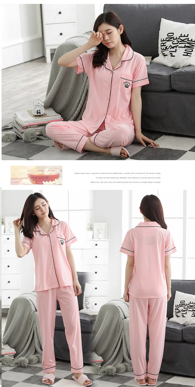 Летние хлопковые Пижамные комплекты для женщин с коротким рукавом и длинными штанами, одежда для сна, домашняя пижама, домашняя пижама, домашняя одежда