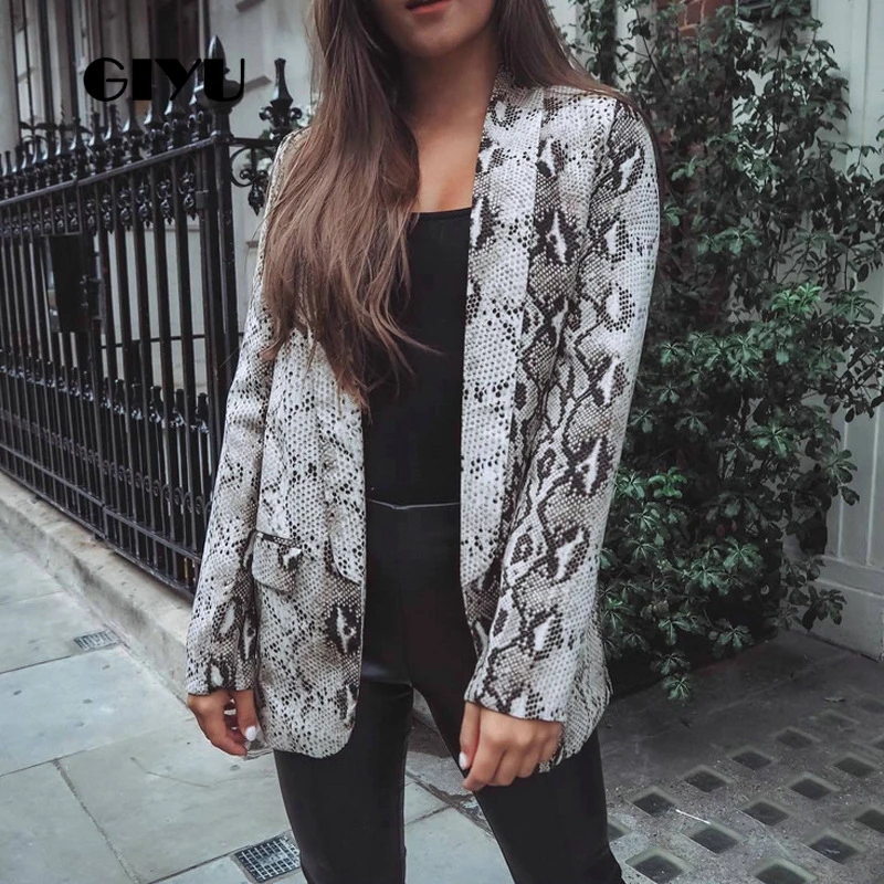 GIYU Women Snake Skin Printing Blazer Long Sleeve Notched Jackets Sexy Slim Tops Casual camiseta mujer