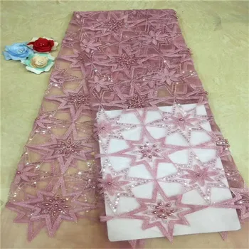 

sequins French Lace Fabric beads Wedding High Quality African Tulle Lace Fabric 5Yard 3D Flowers Embroidered Tulle Lace fabric