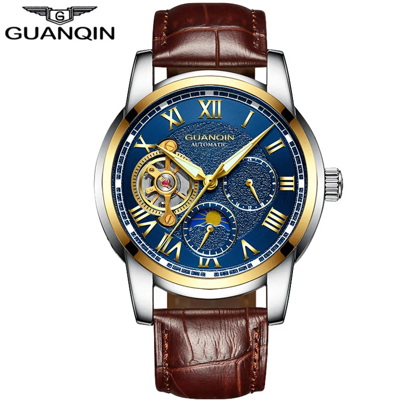 GUANQIN мужские часы Топ бренд класса люкс Tourbillon часы с скелетом мужские спортивные кожаные водонепроницаемые автоматические механические наручные часы - Цвет: Brown Gold Blue