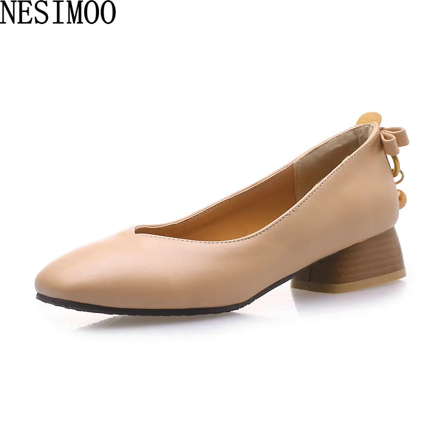 

NESIMOO 2019 Women Shoes PU leather Med Heel Concise All Match Spring Autumn Concise Round Toe Basic Slip On Leisure Size 34-43
