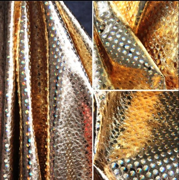 

Gold 150cm PU leather fabrics with bright glazed gold laser magic cracks textiles sewing sequin tulle dress african fabric C634