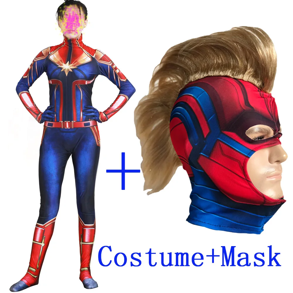 

Captain Marvel Cosplay Bodysuit Costume With Mask Superhero Carol Danvers Helmet Women Zentai Suit Jumpsuits Halloween Props