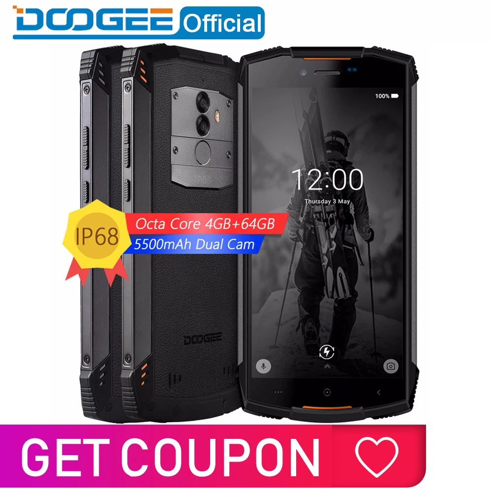 Meilleur Véritable IP68 DOOGEE S55 étanche Smartphone 4GB RAM 64GB ROM 5500mAh MTK6750T Octa Core 5.5 pouces Android 8.0 double SIM 13.0MP 4glte