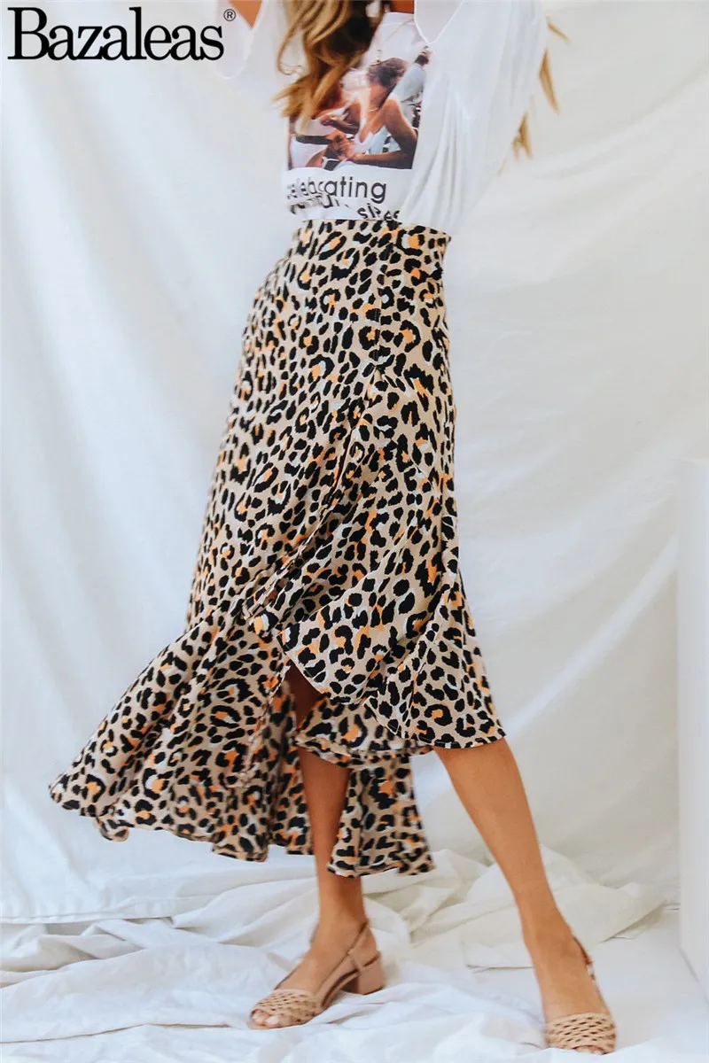 Mermaid fashion women leopard mid calf Skirts Soft satin Fabric Skirts back zipper Casual Ware skirt