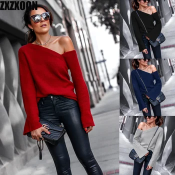 

Spring Winter Fashion Round Neck Long Sleeve Off Shoulder Knitwear Knit Sweater Women Full Flare Sleeve Women Pullovers Clothes