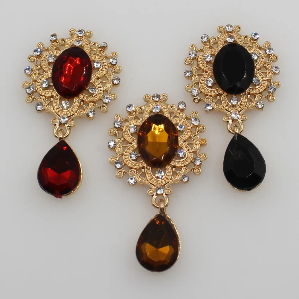 Mini Flower Brooch with Crystal Button Gold Flatback Wedding Wine Glass Ornament Decoration Crafts Scrapbooking 25x45mm 10PCs