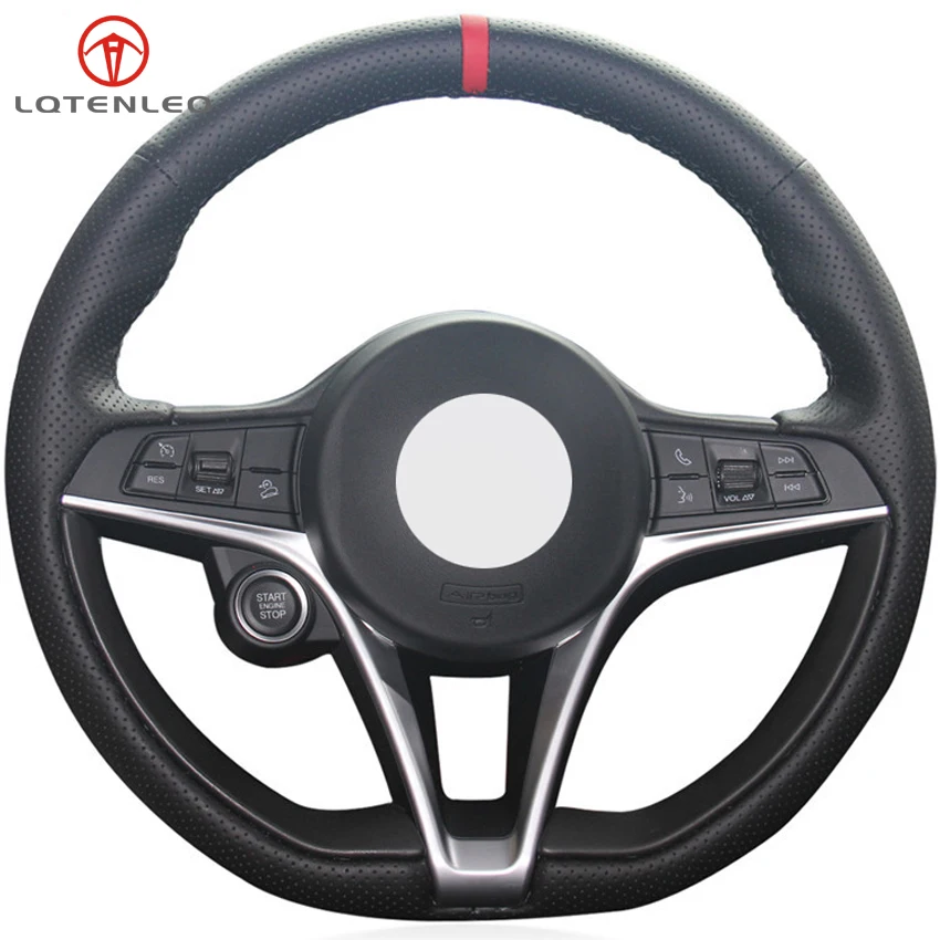 

LQTENLEO Black Genuine Leather DIY Hand-stitched Car Steering Wheel Cover For Alfa Romeo Giulia 2016 2017 2018 Stelvio 2017