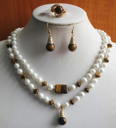 

huij 003997 New Design8mm2Row White Pearl&Tiger Eyes Stone Necklace Earring Ring Jewelry Set