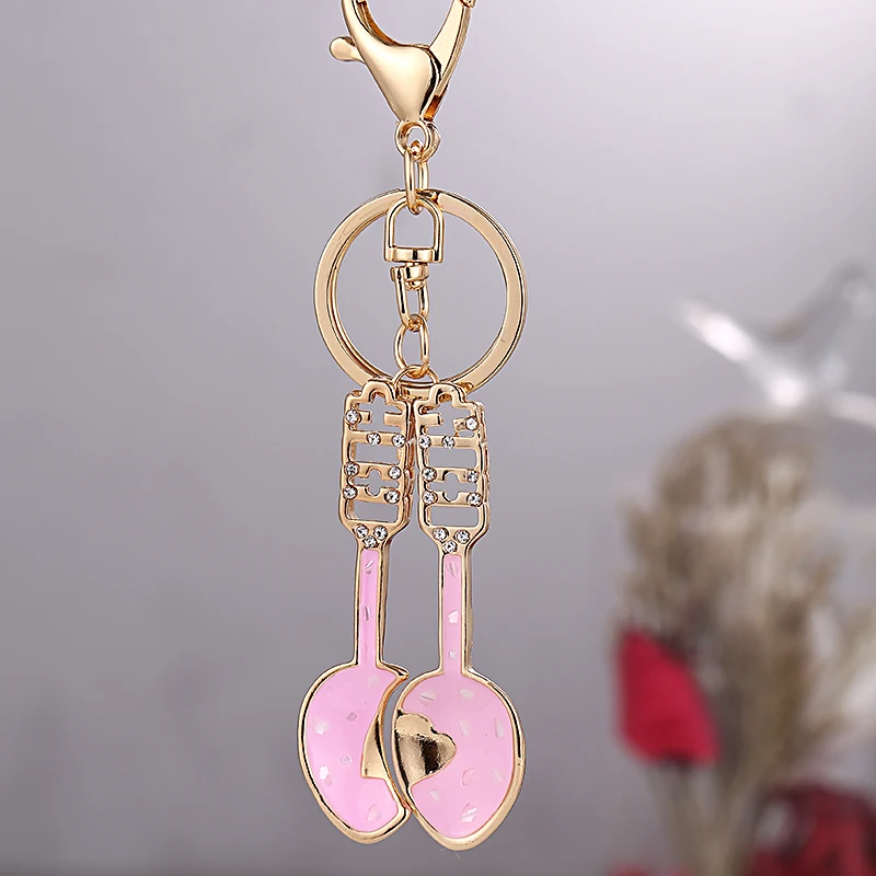 Best Creative Novelty Couple Spoon Keychain!Rhinestone Lovers Key Chains Holder Ring Charms Women Bag Accessories Wedding Gifts R180