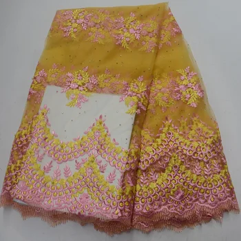 

(5yards/pc) 2018 winter newest African French net lace fabric with fancy embroidery and stones for party dress FLP957