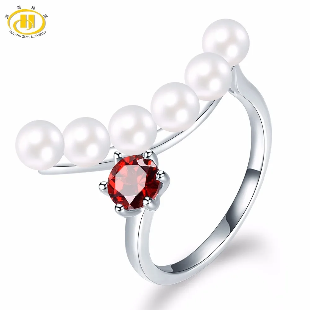 

HUTANG Natural Fresh Water Pearl and Garnet Solid 925 Sterling Silver Ring Gemstone Fine Jewelry Women's Gift New Arrival