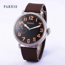 Мода 46 мм Parnis Черный Циферблат Orange Номера Ручным Подзаводом мужские Наручные Часы Коричневый Резиновый диапазон Вахты