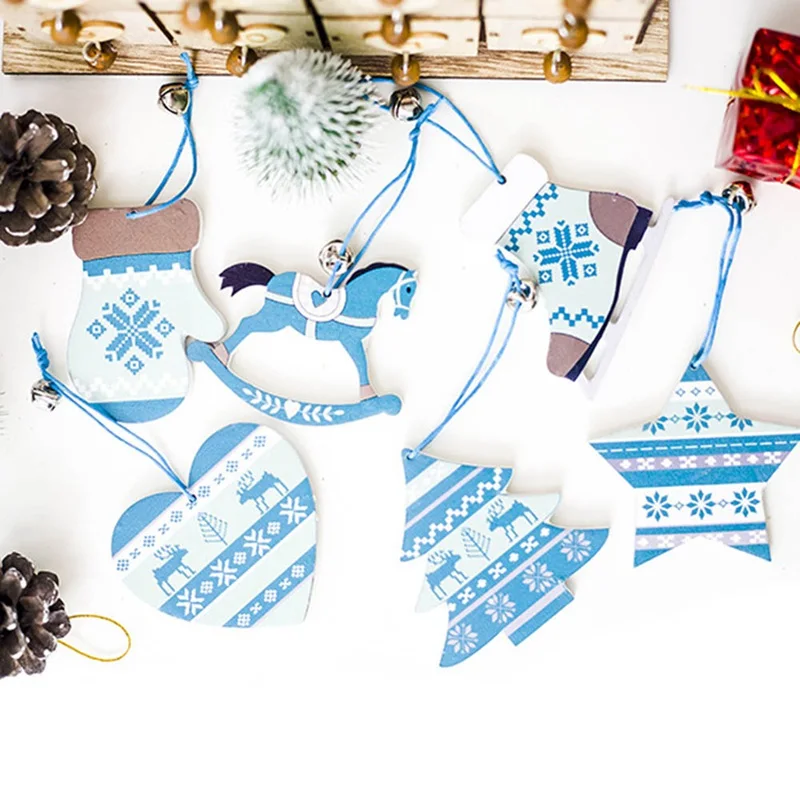 

Christmas Wooden Pendants Christmas Tree Blue Painted Wooden Sign Ornaments Christmas Bells Hanging Ornaments