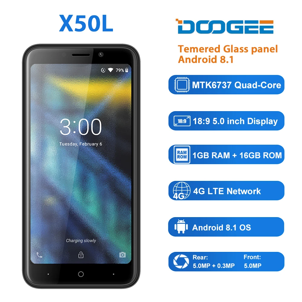 

DOOGEE X50L 4G-X50 unlocked Smartphone 1GB 16GB MTK6737 Quad Core Mobile phone Dual Rear Camera Android 8.1 5.0" 18:9 Cell phone