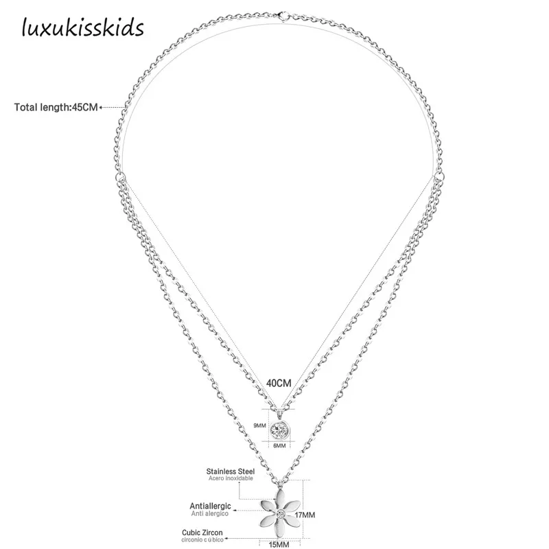 Luxukissids Лидер продаж нержавеющая сталь кулон в виде Красивого цветка Двойная Цепочка Ожерелье с прозрачным CZ Кристалл золото серебро ожерелье s