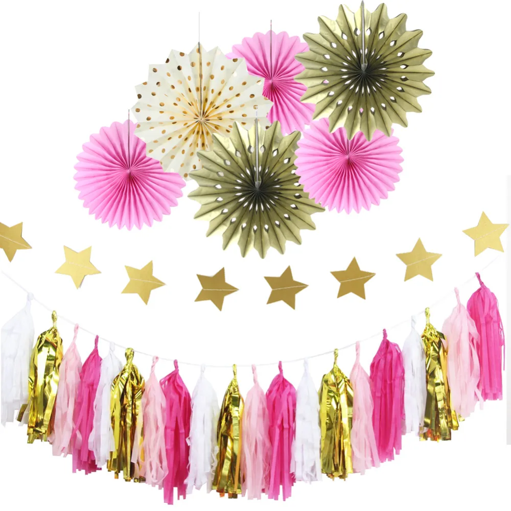 27pcs Pink Gold Theme Paper Decoration Set Gold Fo...
